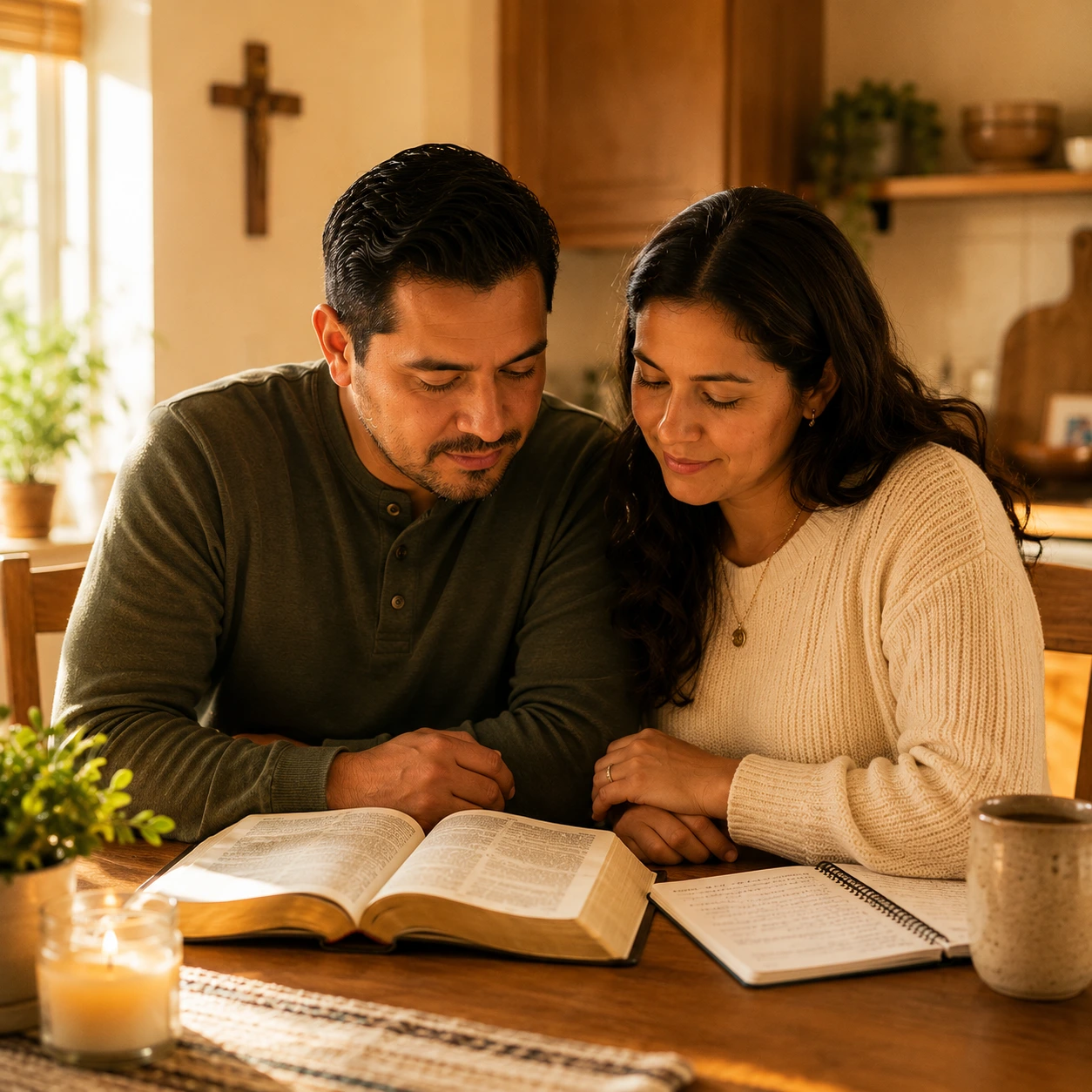 Padres leyendo y rezando con sus hijos